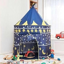Kids indoor play castle tent in blue with star and moon print, arched entrance, yellow edging