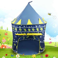 Kids blue castle play tent with pointed roof, yellow trim, star and moon pattern, arched door
