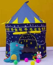Kids castle play tent front with arched entrance, blue fabric with stars and moons, yellow trim