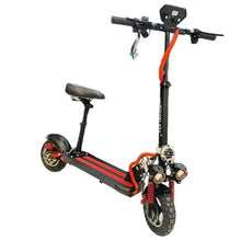 Red and black electric scooter with front headlight and handlebar controls