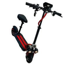 Red stripe electric scooter with black seat, front wheel, and display on handlebars