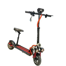 Electric scooter with seat, black frame and red stripe, front headlight and handlebars