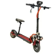 Electric scooter with seat, black and red stripe, front wheel and handlebars close-up