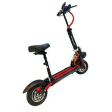 Electric scooter with seat, black and red stripe, rear wheel and brake visible