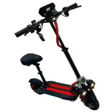 Electric scooter with seat, black body with red stripe, angled view of cockpit and tires