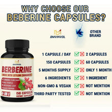 Berberine capsule supplement bottle with comparison chart for 150 capsules and 6-in-1