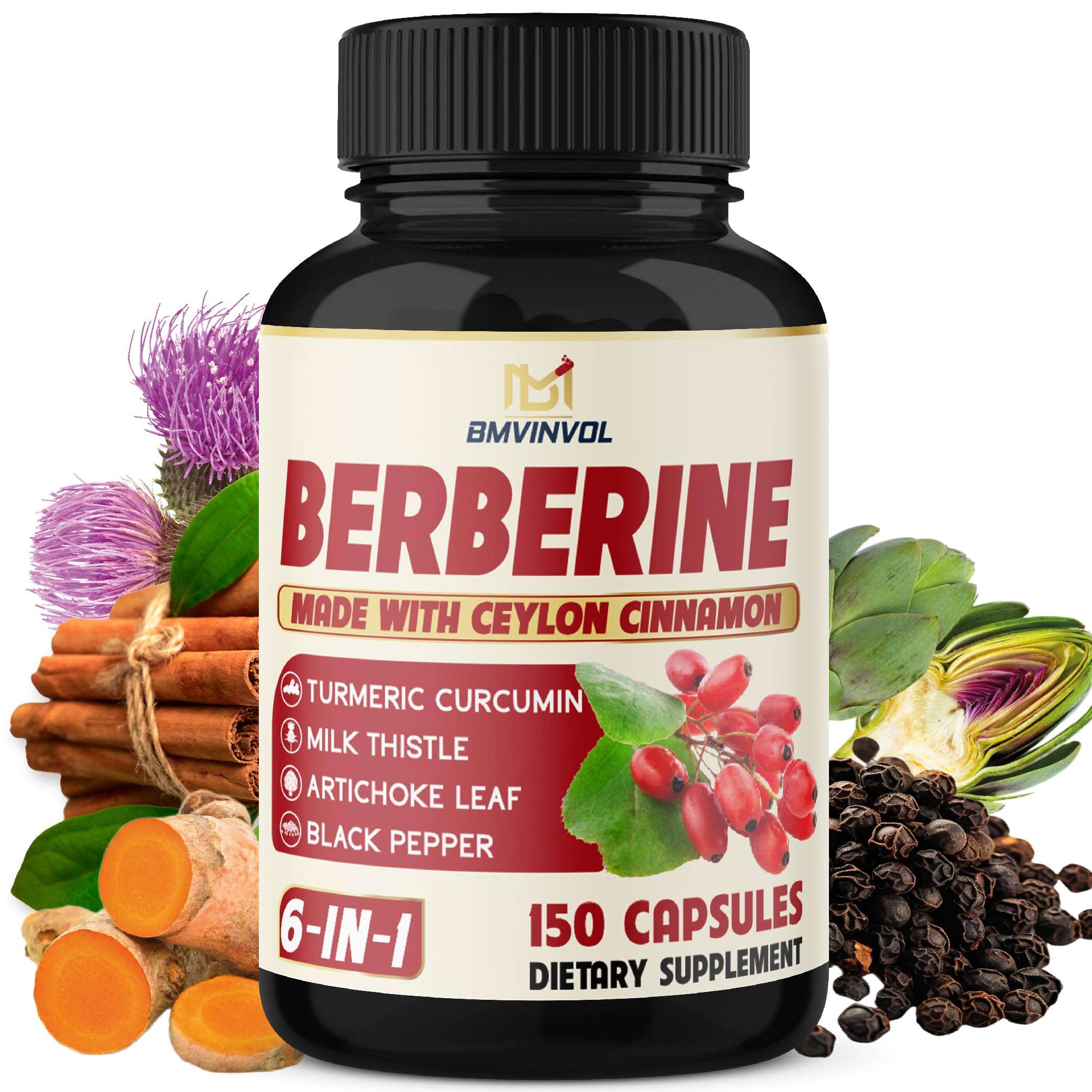 Berberine Supplement Equivalent to 4700mg - 5 Months Supply - High Potency with Ceylon Cinnamon - Supports Immune System, Cardiovascular & Gastrointestinal Function - Berberine HCl Supplement Pills - Mumzar