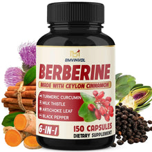 Berberine supplement bottle made with Ceylon cinnamon, with surrounding herbs and berries