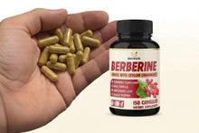 Berberine supplement bottle with hand holding capsules; label shows 150 capsules