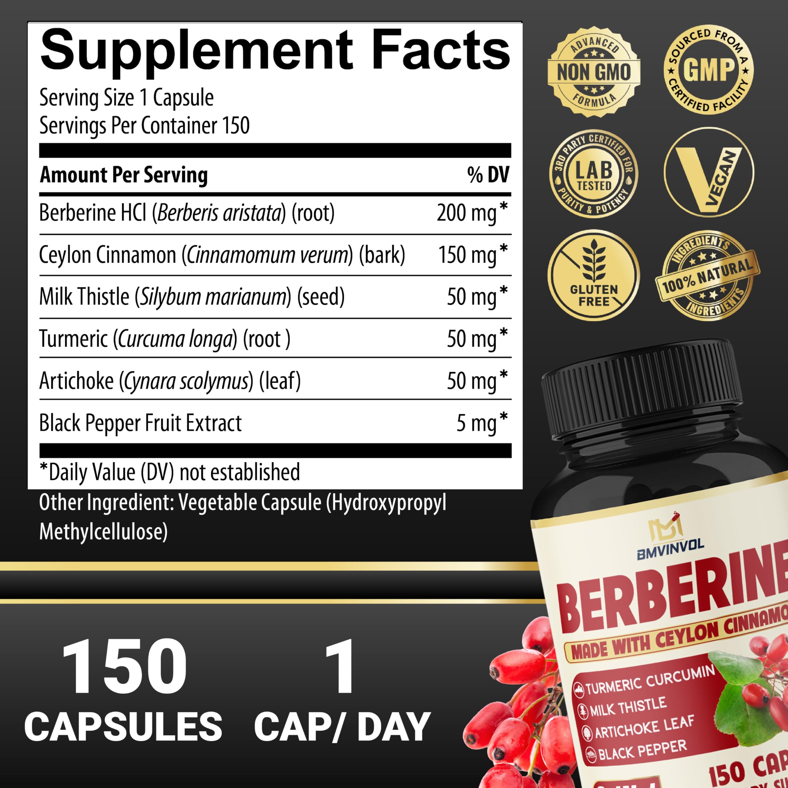 Berberine Supplement Equivalent to 4700mg - 5 Months Supply - High Potency with Ceylon Cinnamon - Supports Immune System, Cardiovascular & Gastrointestinal Function - Berberine HCl Supplement Pills - Mumzar