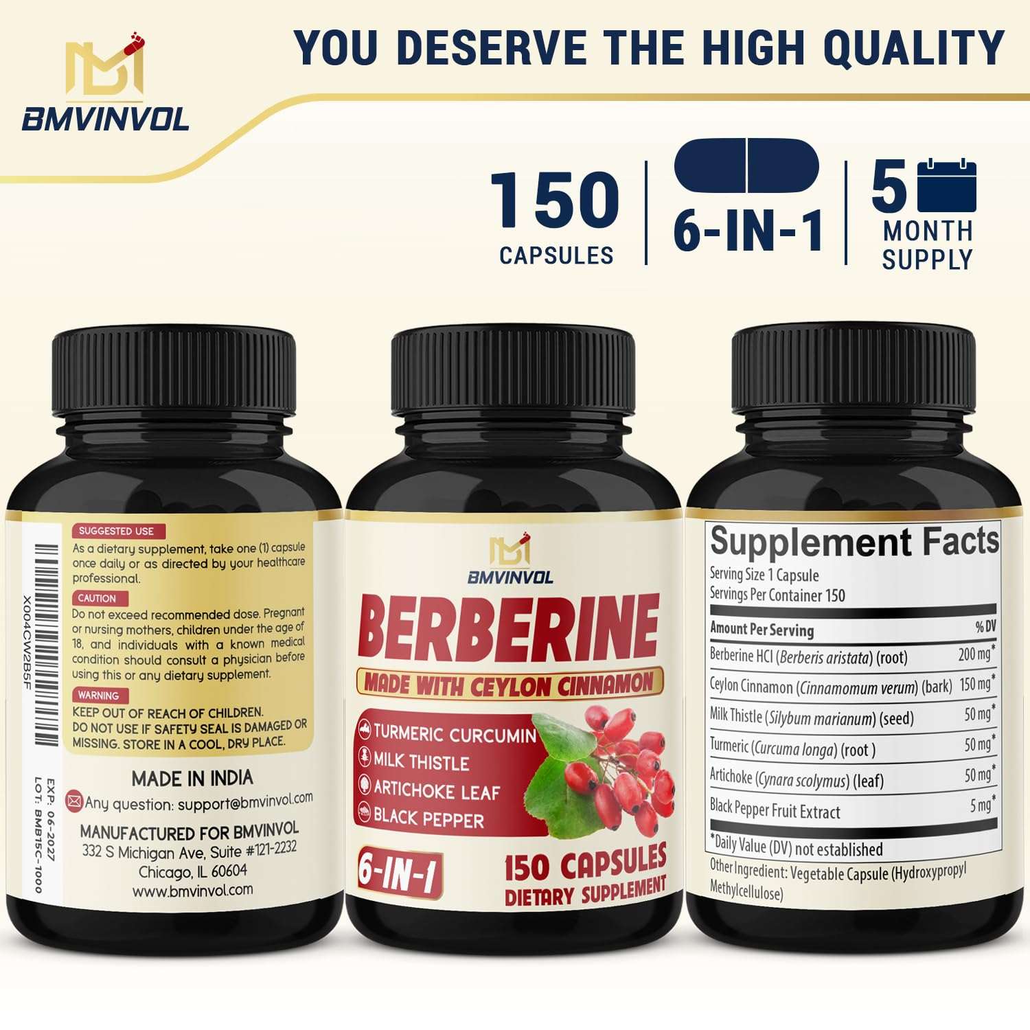 Berberine Supplement Equivalent to 4700mg - 5 Months Supply - High Potency with Ceylon Cinnamon - Supports Immune System, Cardiovascular & Gastrointestinal Function - Berberine HCl Supplement Pills - Mumzar
