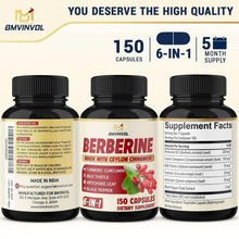 Berberine supplement bottle set showing 150 capsules and 6-in-1 diet supplement text