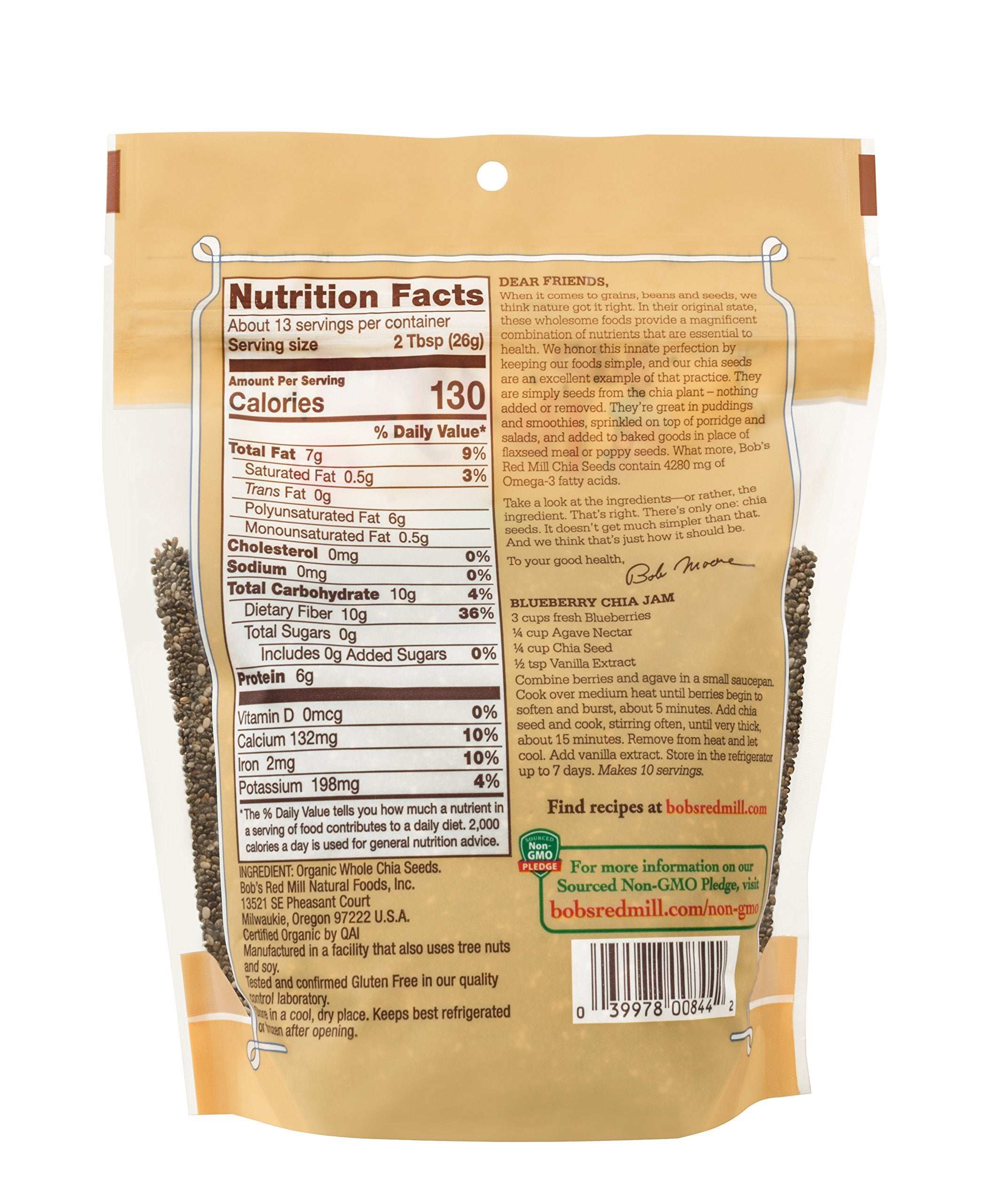 Bobs Red Mill organic chia seeds UAE package back showing nutrition facts ingredients and barcode