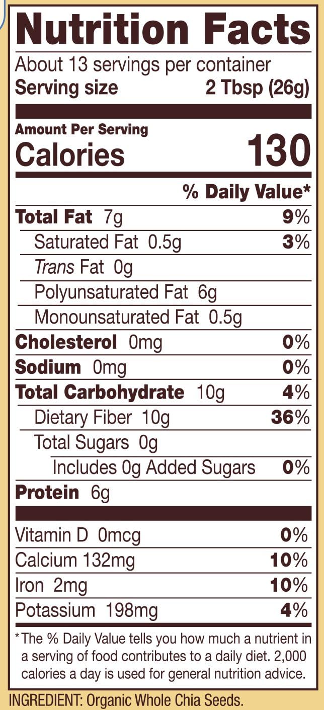 Bobs Red Mill organic chia seeds UAE Nutrition Facts label showing serving size 2 Tbsp 26g 130 calories 10g carbs 6g protein