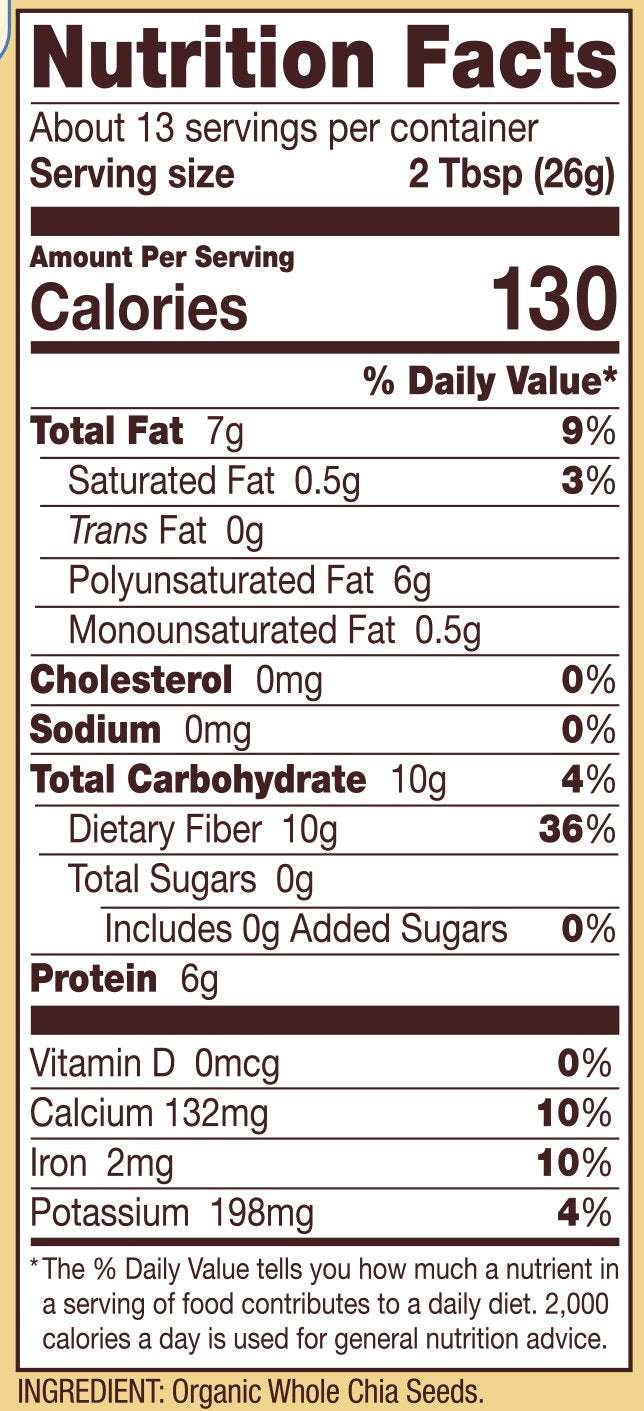 Bobs Red Mill organic chia seeds UAE nutrition facts label 2 Tbsp serving 130 calories 10g fiber 6g protein