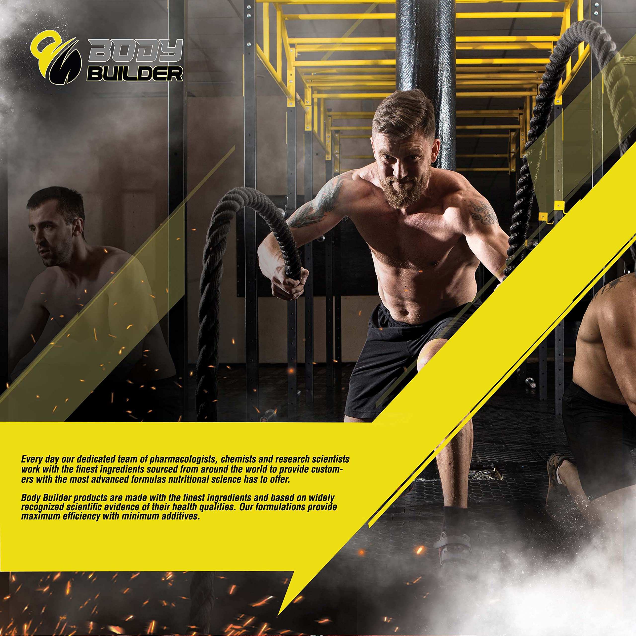 Body Builder gym packaging design shows muscular man using battle ropes in crossfit rig with creatine monohydrate powder 5000mg