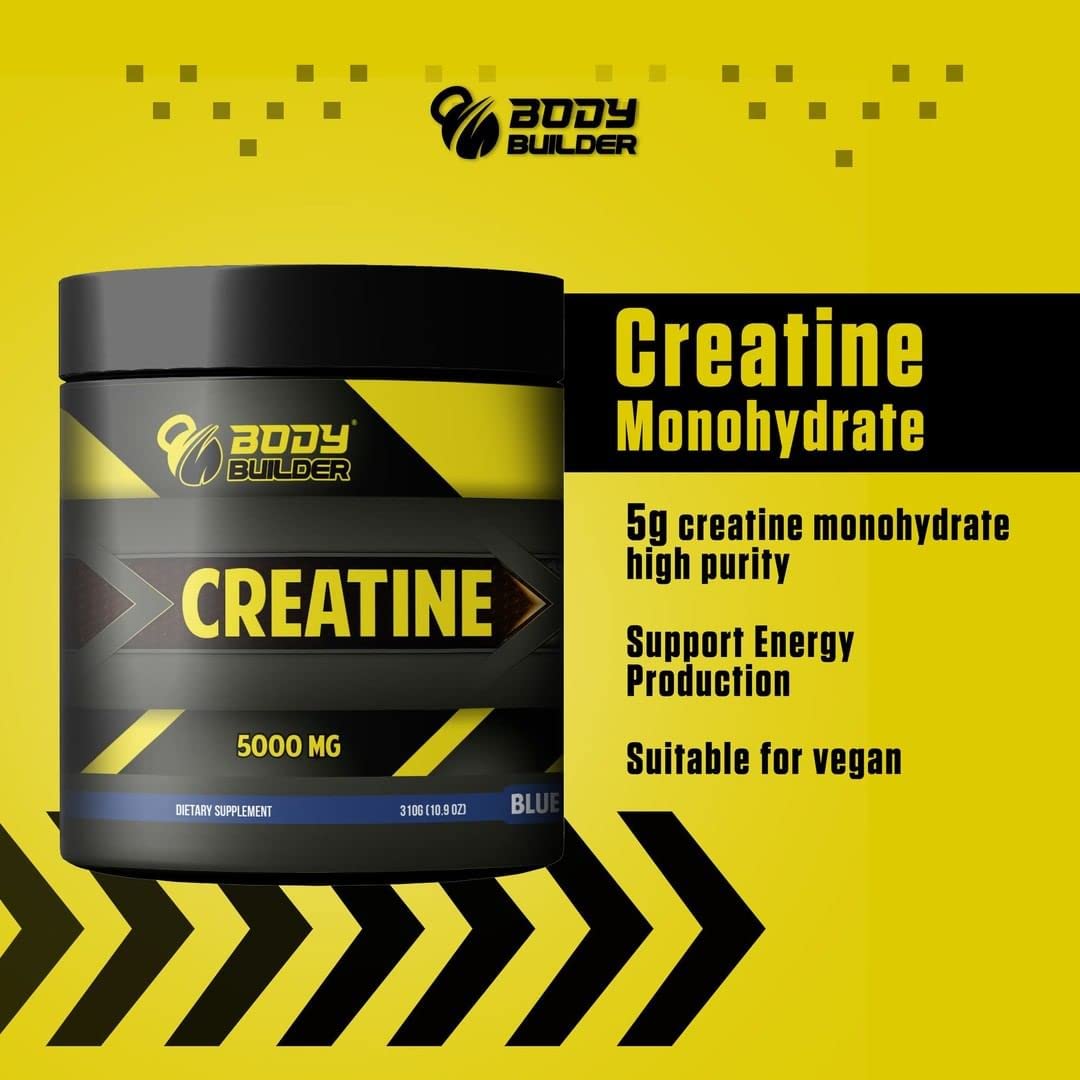 Body Builder creatine monohydrate powder 5000mg black and yellow tub label supports energy vegan friendly