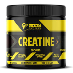 Body Builder creatine monohydrate powder 5000mg unflavored black and yellow 300 g jar dietary supplement