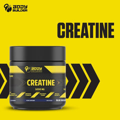 Body Builder jar of creatine monohydrate powder 5000mg blue raspberry flavor on yellow background
