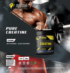 Body Builder creatine tub with muscular man lifting dumbbell and label creatine monohydrate powder 5000mg