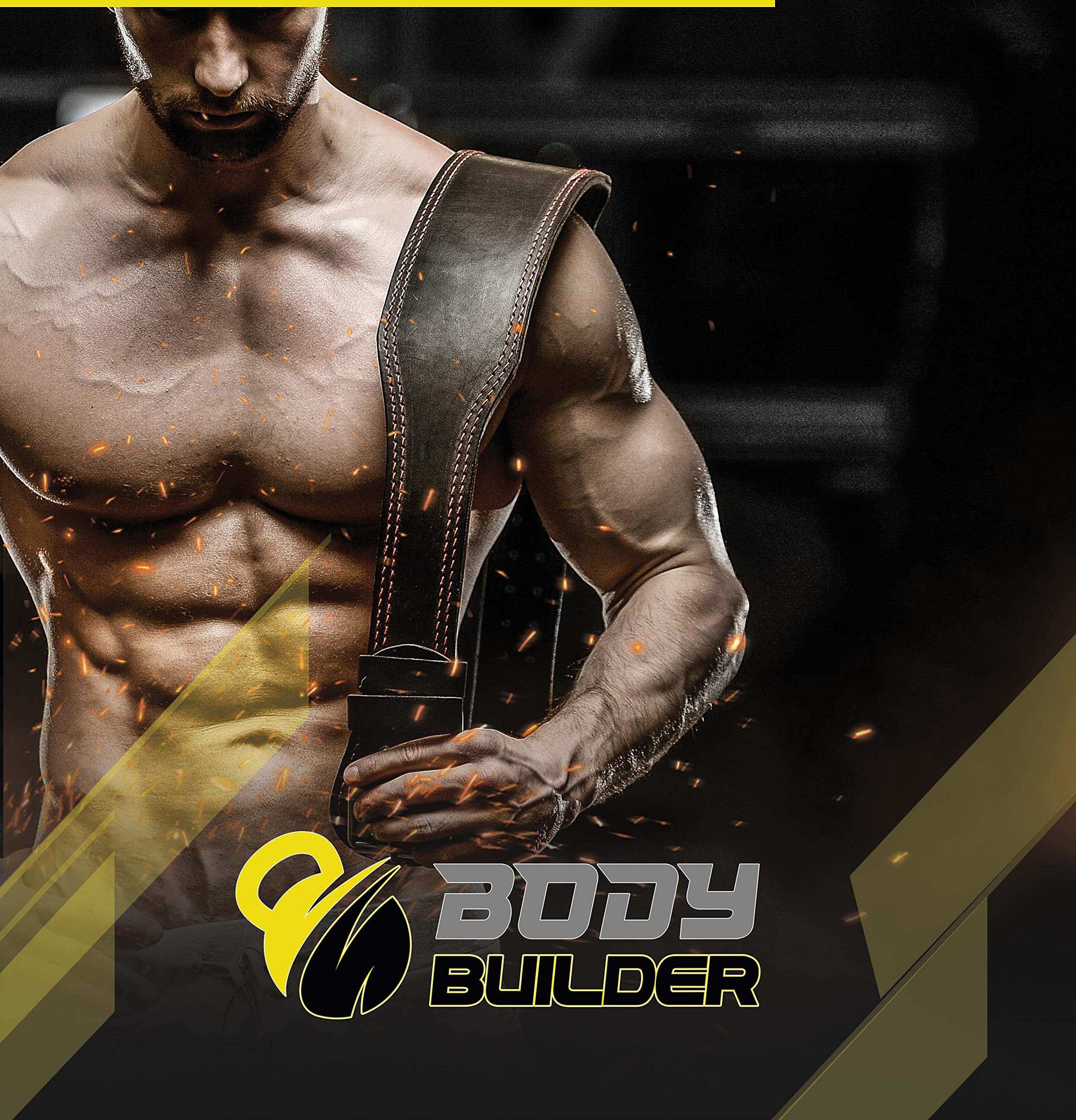 Body Builder promo image muscular man holding leather lifting belt with logo for creatine monohydrate powder 5000mg