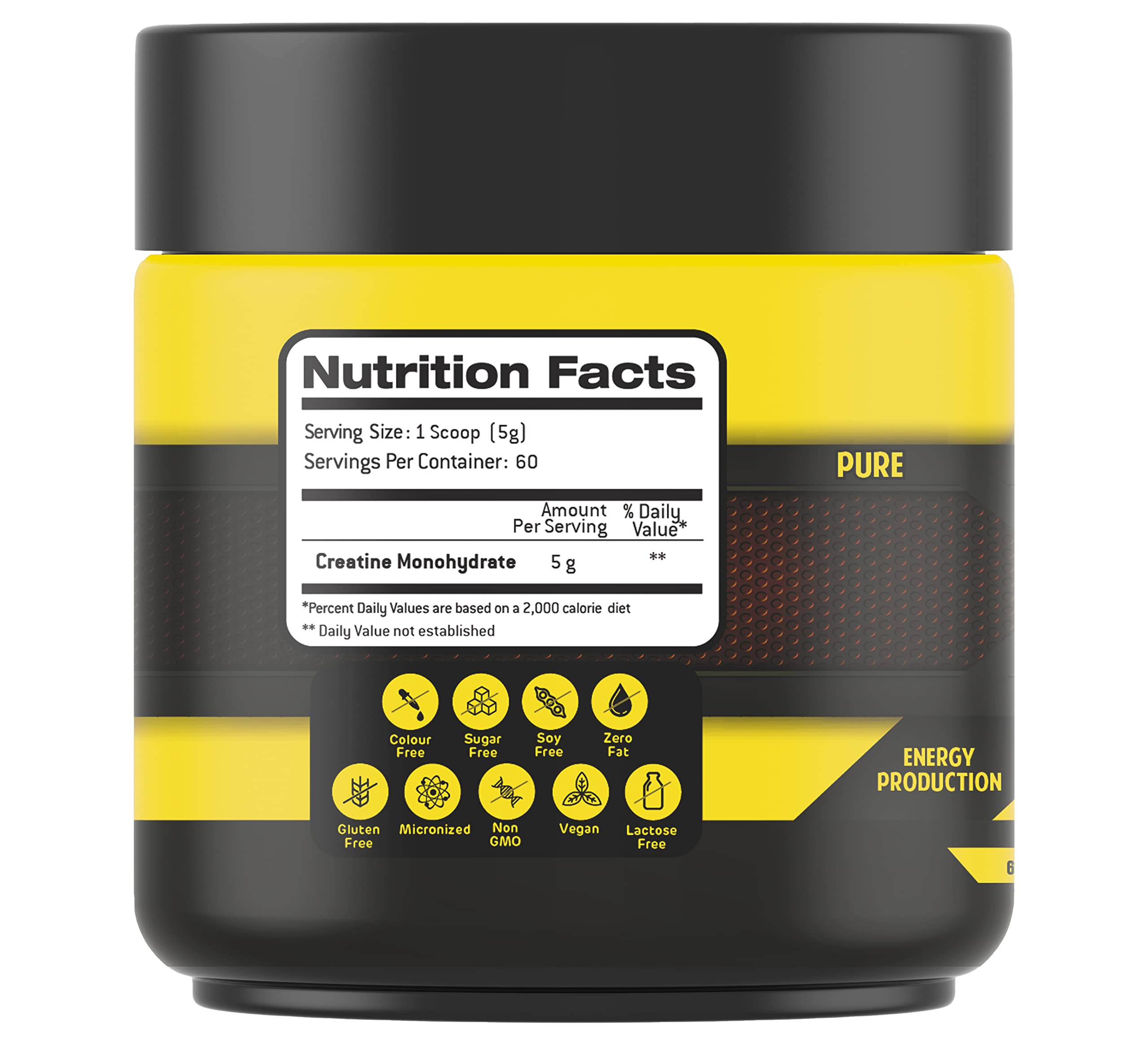Body Builder yellow black supplement jar with nutrition label and scoop showing creatine monohydrate powder 5000mg