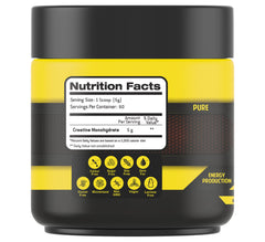 Body Builder yellow black supplement jar with nutrition label and scoop showing creatine monohydrate powder 5000mg