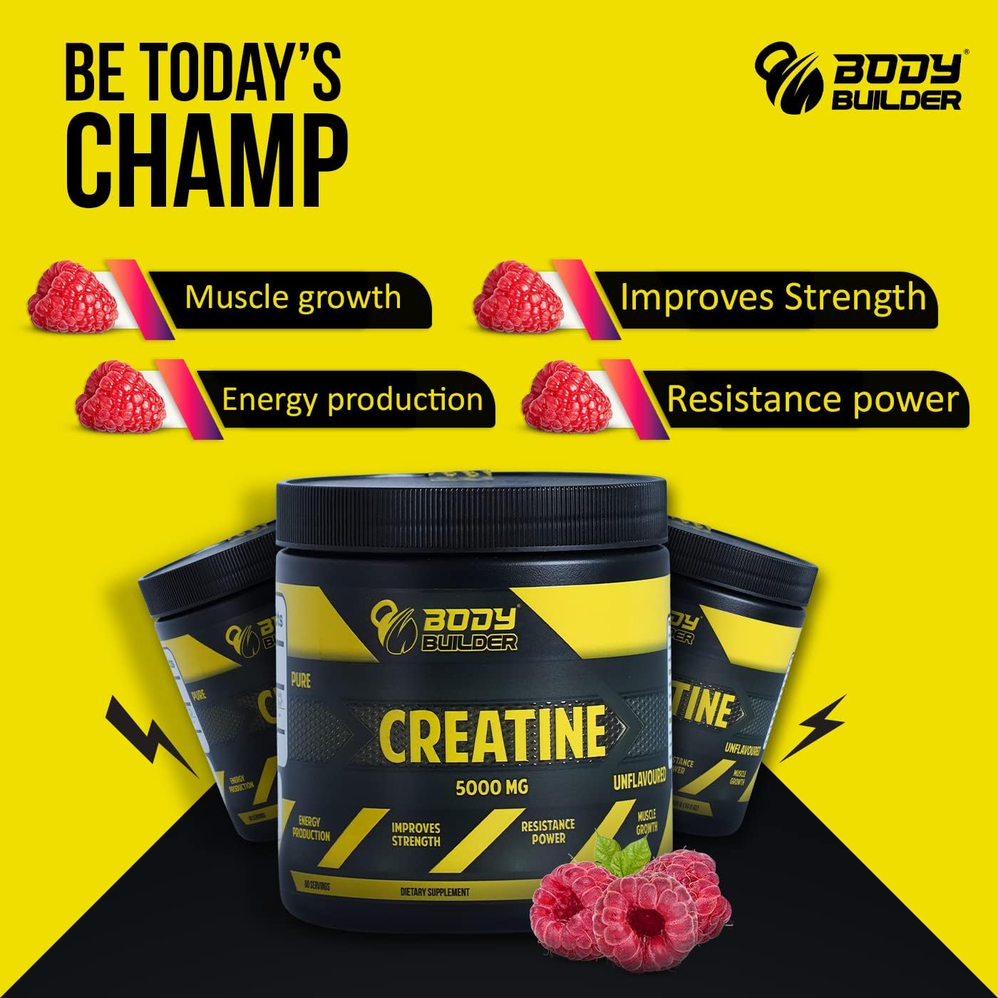 Body Builder creatine jar on yellow background with raspberries and benefit labels creatine monohydrate powder 5000mg