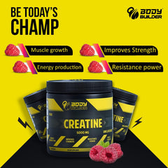 Body Builder creatine jar on yellow background with raspberries and benefit labels creatine monohydrate powder 5000mg