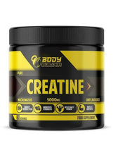 Creatine monohydrate supplement jar, black with yellow label and 5000 mg front