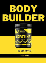Creatine monohydrate supplement jar with BODY BUILDER text and 60 servings