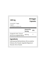 Supplement facts panel: 400 mg, 30 veggie capsules; ingredient list