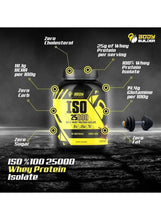 Whey protein isolate tub with ISO 25000 yellow nutrition diagram on black label