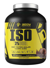 Chocolate whey protein isolate tub, black and yellow label with ISO 25000