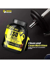 Whey protein isolate tub with ISO 25000 label next to weight plates and dumbbell
