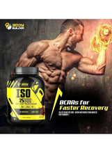 Whey protein isolate tub with ISO 25000 label and yellow faster recovery graphic