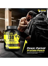Whey protein isolate tub with ISO 25000 label beside gym dumbbells