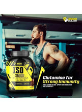 Whey protein isolate tub with ISO 25000 label and bold yellow muscle graphic