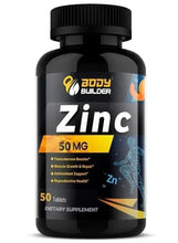Zinc 50 mg dietary supplement bottle with black cap and Body Builder label