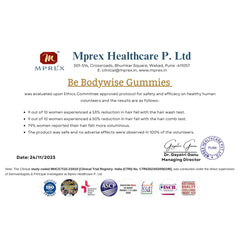 Be Bodywise Gummies clinical study certificate showing results and claims for biotin hair gummies sugar free