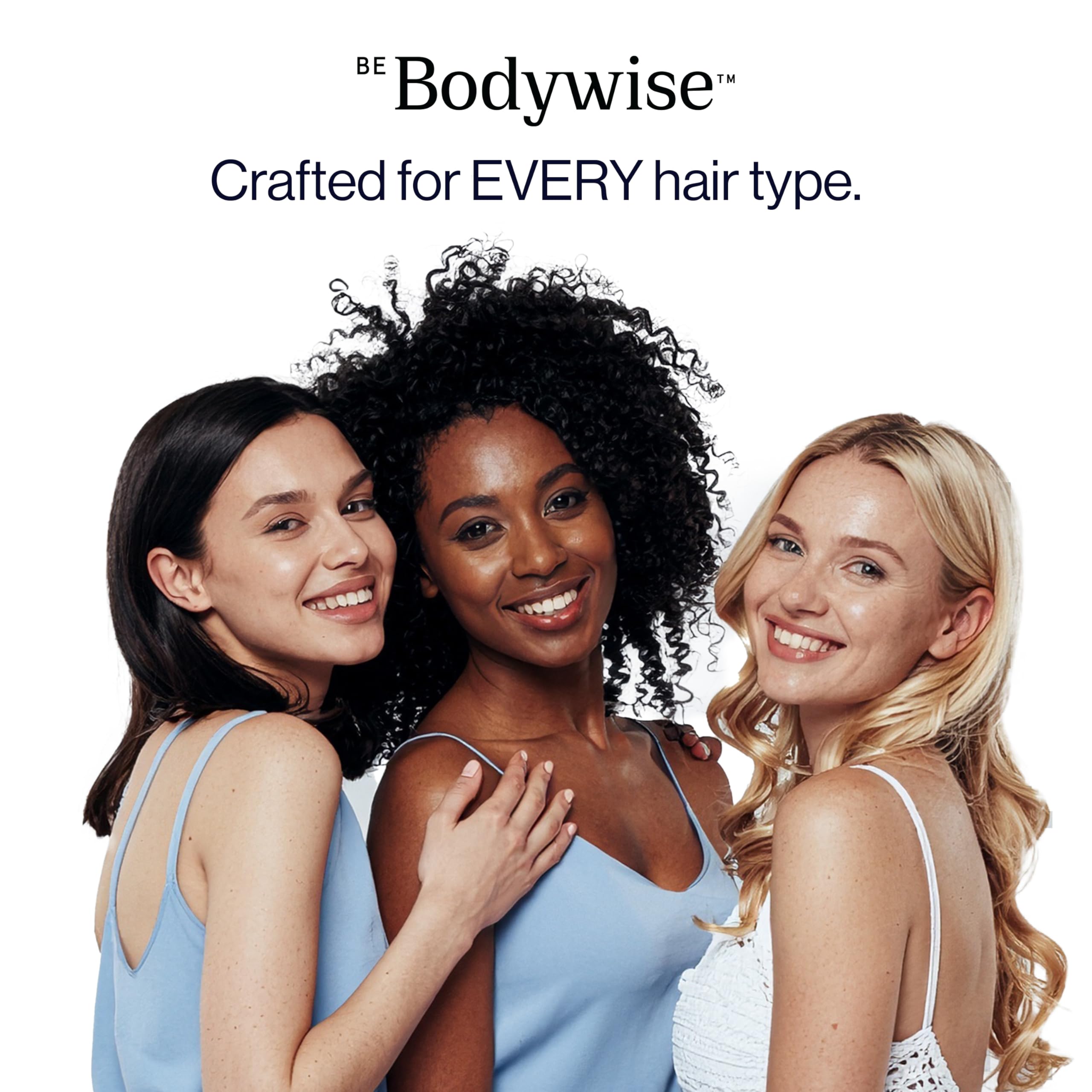 Be Bodywise ad with three smiling diverse women and tagline crafted for every hair type promoting biotin hair gummies sugar free