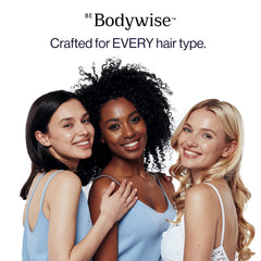 Be Bodywise ad with three smiling diverse women and tagline crafted for every hair type promoting biotin hair gummies sugar free
