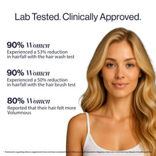 Smiling woman with text 'Lab Tested, Clinically Approved' for hair gummies