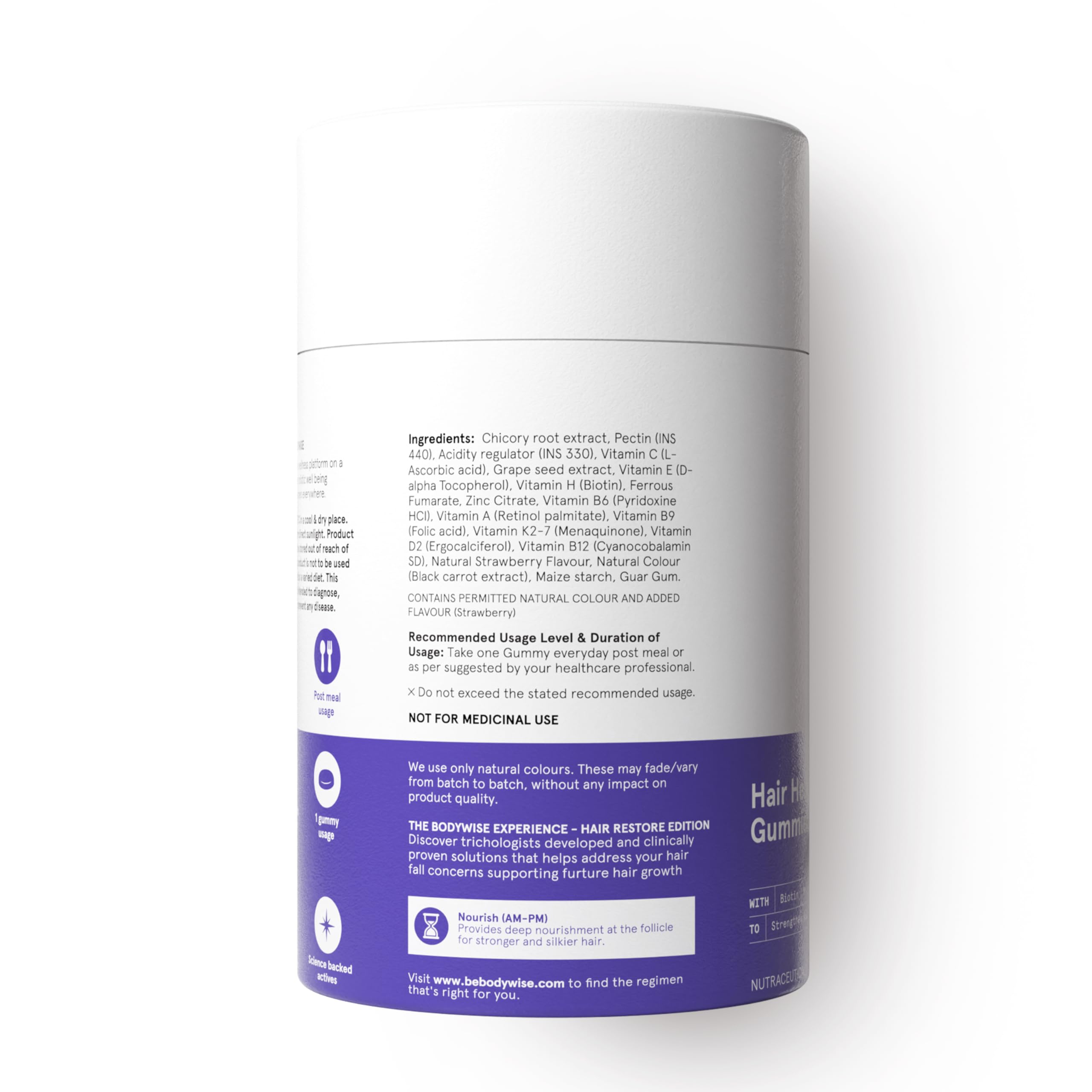Be Bodywise supplement bottle back label showing ingredients and purple branding biotin hair gummies sugar free