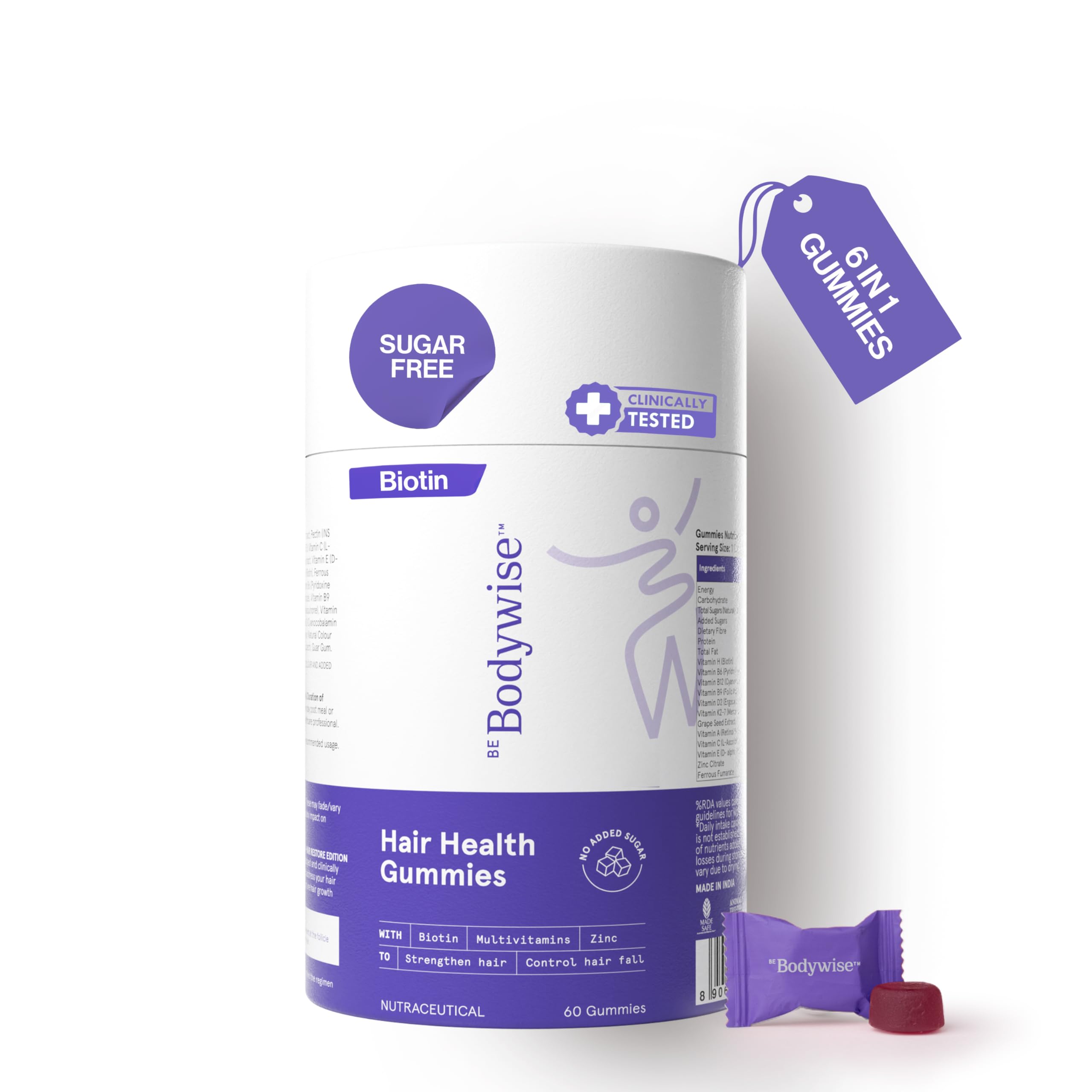 Be Bodywise biotin hair gummies sugar free jar with purple label 60count and single wrapped gummy