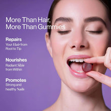 Woman holding a purple biotin gummy and smiling with product benefits text
