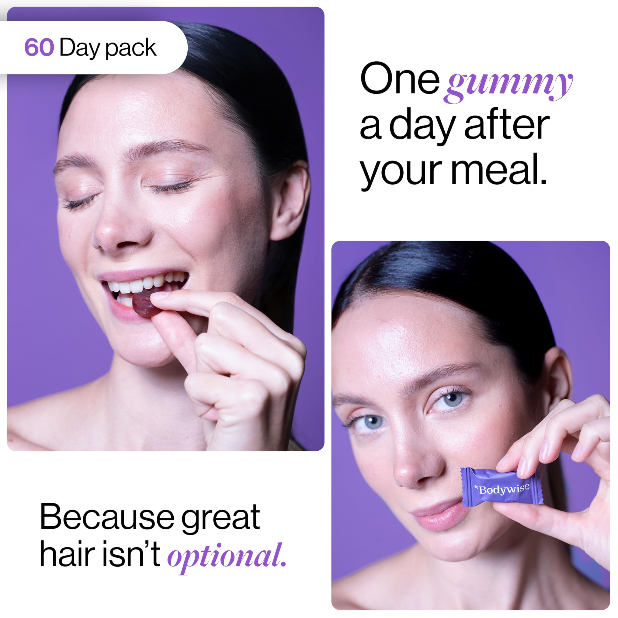 Be Bodywise model eating a gummy and holding a purple packet showing daily use biotin hair gummies sugar free