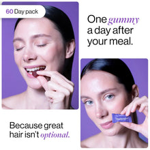 Woman holding a purple biotin gummy near her mouth with skincare stickers
