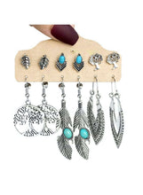 Turquoise boho earring set with leaf and tree drop charms, silver-tone hooks