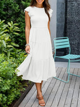 White cap-sleeve tiered midi dress with relaxed, gathered waist